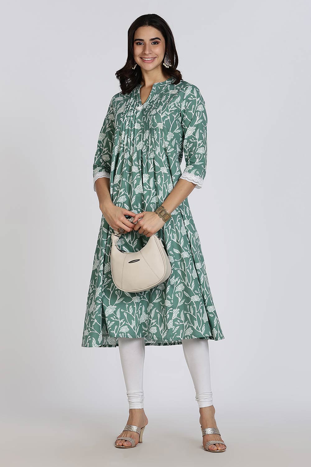 Mythri Women's Cotton Cambric Kurthi | Flared Ethnic Wear with Underbust Gathers & Lace-Trimmed Sleeves - Green - K001