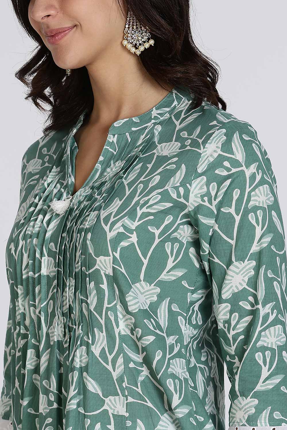 Mythri Women's Cotton Cambric Kurthi | Flared Ethnic Wear with Underbust Gathers & Lace-Trimmed Sleeves - Green - K001