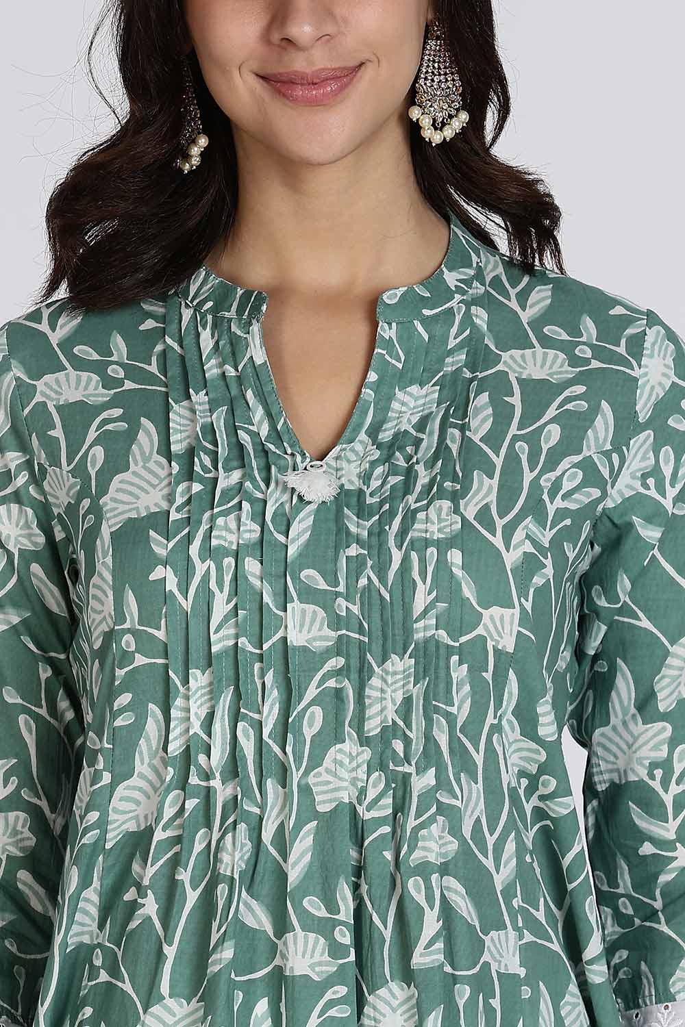 Mythri Women's Cotton Cambric Kurthi | Flared Ethnic Wear with Underbust Gathers & Lace-Trimmed Sleeves - Green - K001