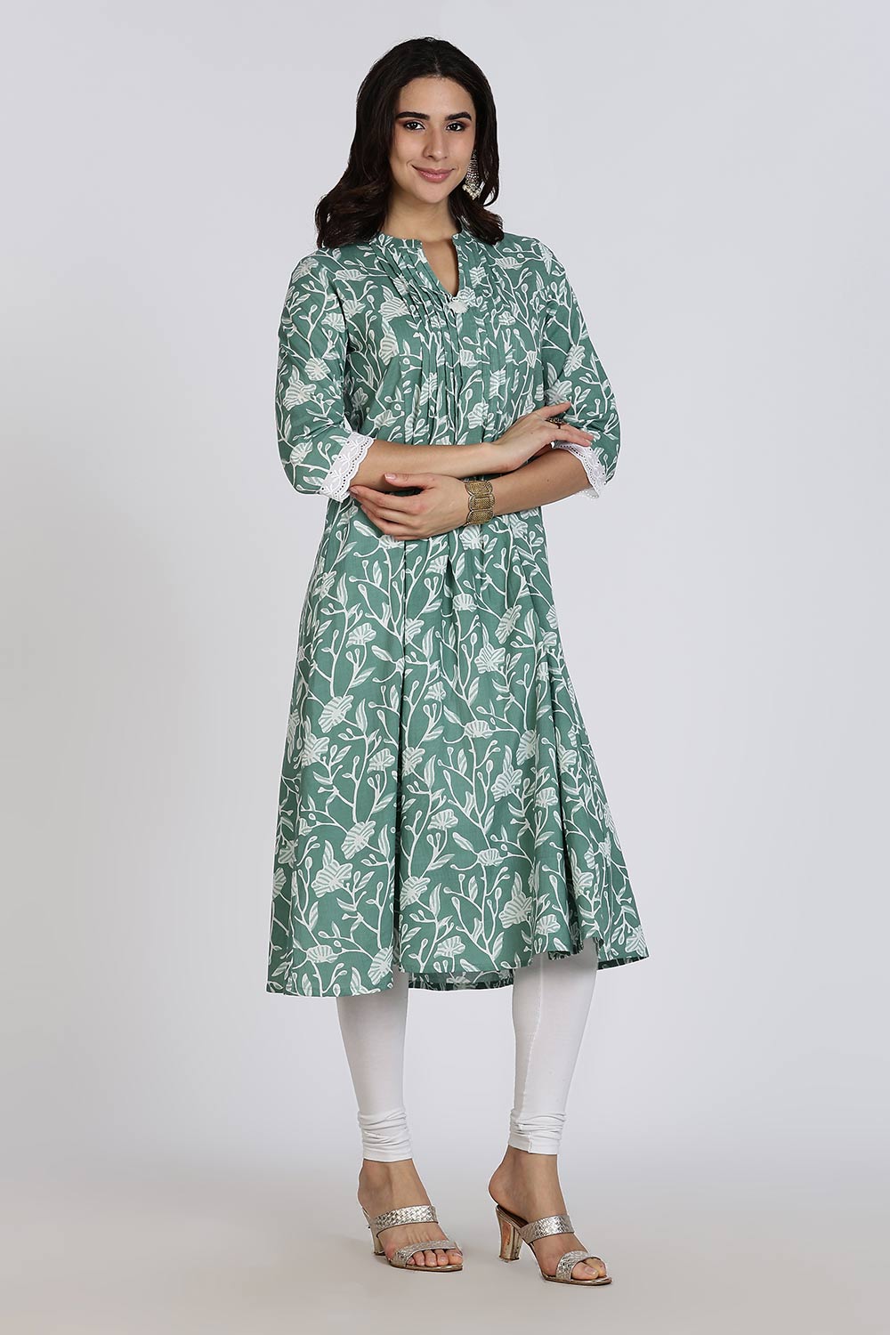 Mythri Women's Cotton Cambric Kurthi | Flared Ethnic Wear with Underbust Gathers & Lace-Trimmed Sleeves - Green - K001