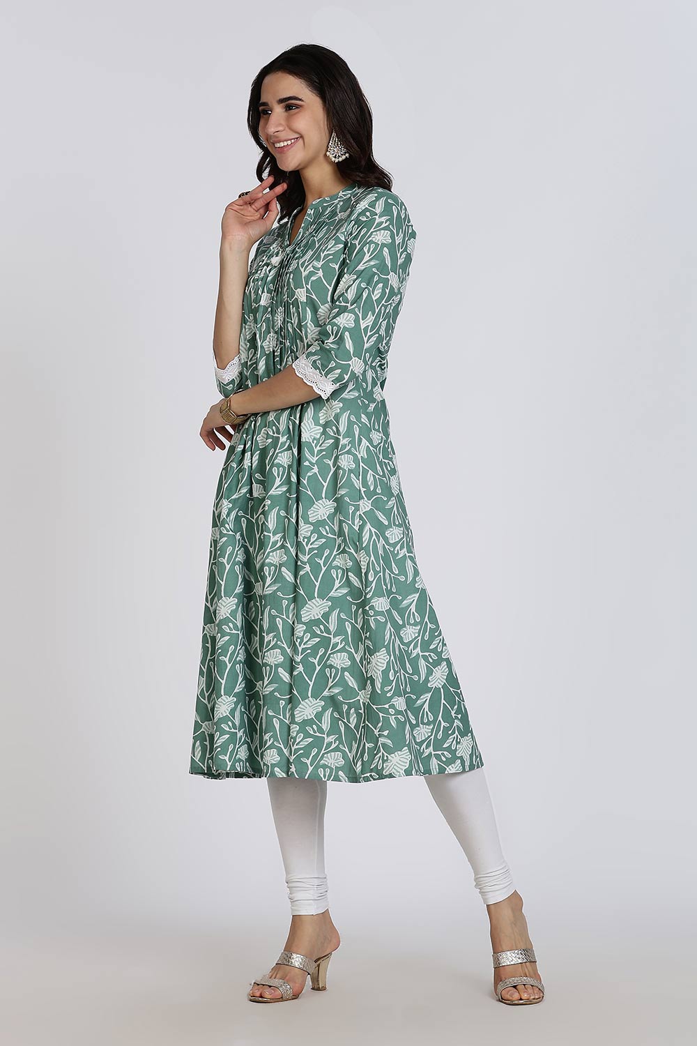 Mythri Women's Cotton Cambric Kurthi | Flared Ethnic Wear with Underbust Gathers & Lace-Trimmed Sleeves - Green - K001