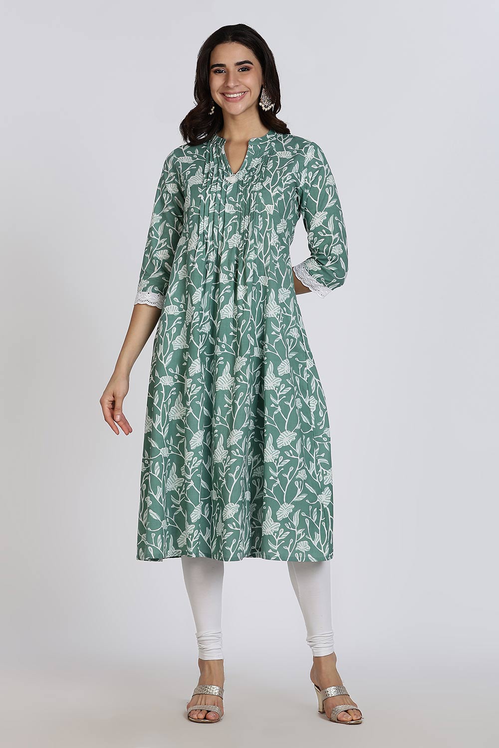 Mythri Women's Cotton Cambric Kurthi | Flared Ethnic Wear with Underbust Gathers & Lace-Trimmed Sleeves - Green - K001