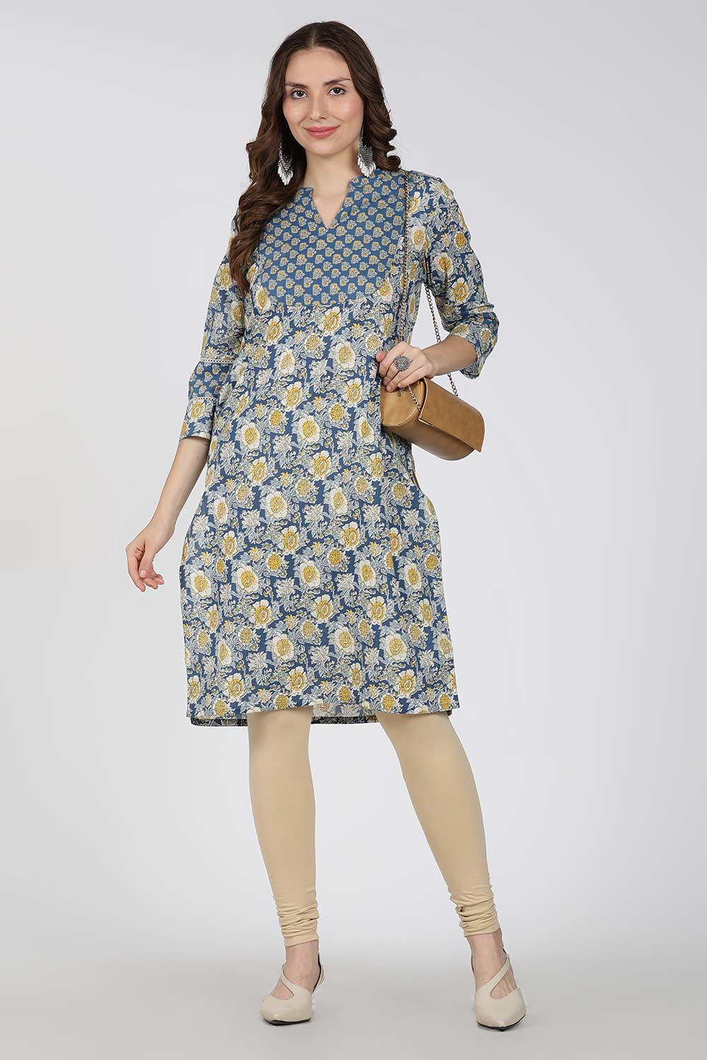 Mythri Women’s Cotton Embroidered Kurti – Straight Fit Ethnic Kurta with V Notch Neck & Lace Detail | Casual Wear, Office Wear & Daily Wear Kurti for Women - K118