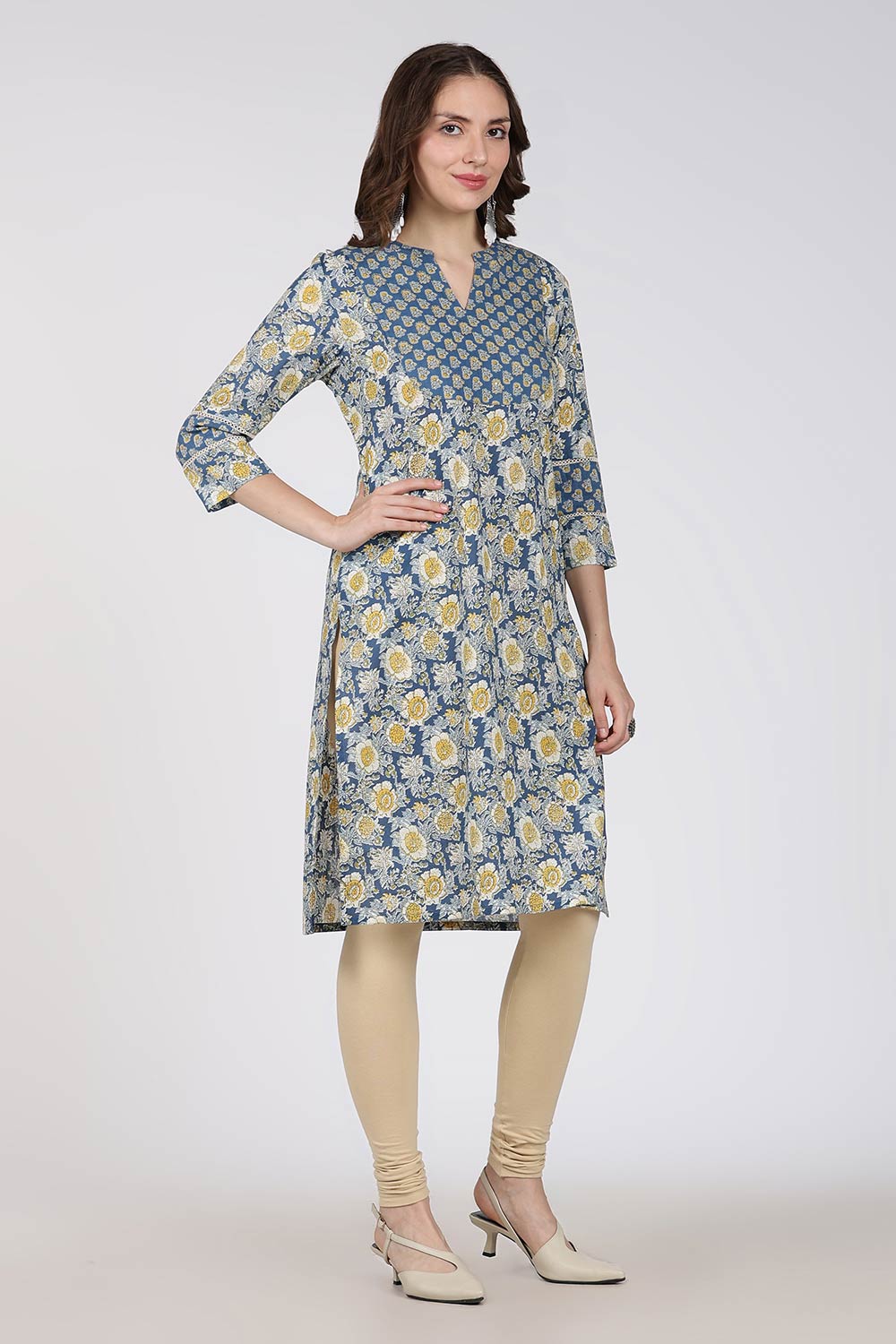 Mythri Women’s Cotton Embroidered Kurti – Straight Fit Ethnic Kurta with V Notch Neck & Lace Detail | Casual Wear, Office Wear & Daily Wear Kurti for Women - K118