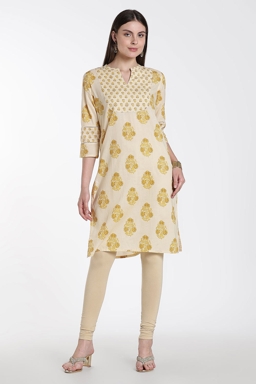 Mythri Women’s Cotton Embroidered Kurti – Straight Fit Ethnic Kurta with V Notch Neck & Lace Detail | Casual Wear, Office Wear & Daily Wear Kurti for Women - K118