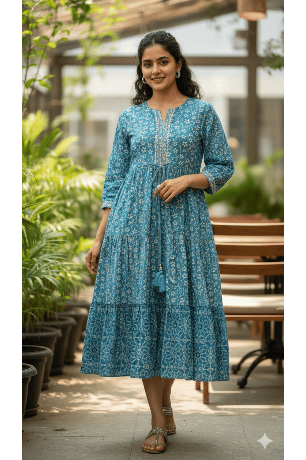 Mythri Women Cotton Cambric Tiered Dress with Tassel Tie-Up - Blue - K202