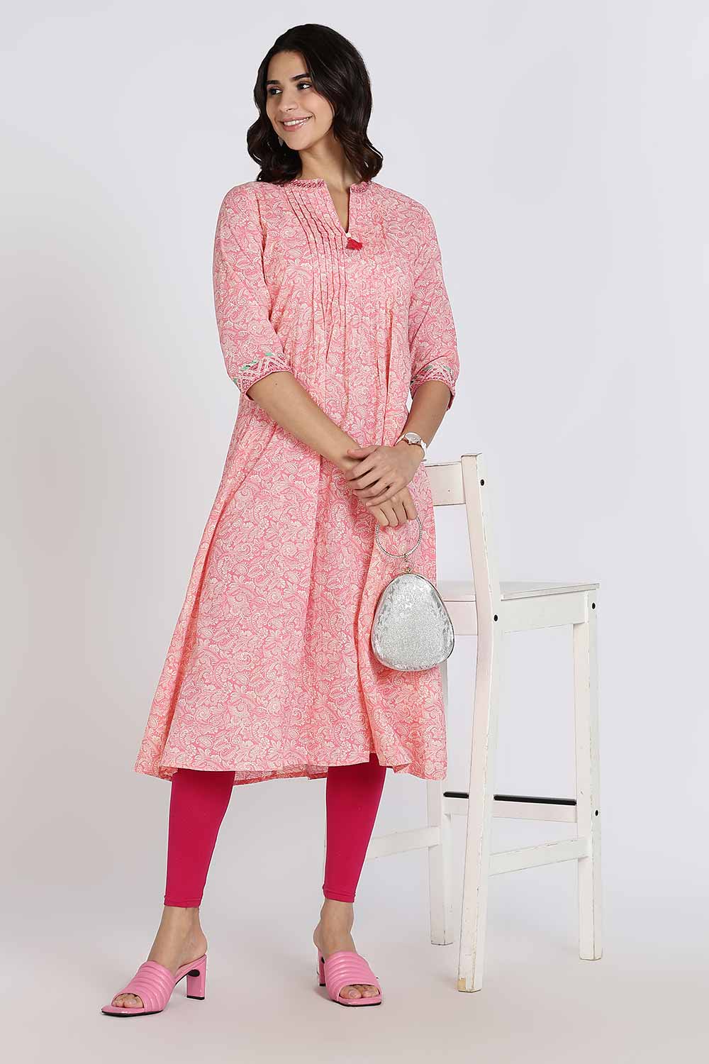 Mythri Women’s Cotton Cambric Kurthi | Flared Ethnic Wear with Pintucks, V-Slit Neck & Tassel Detail - Pink - K806