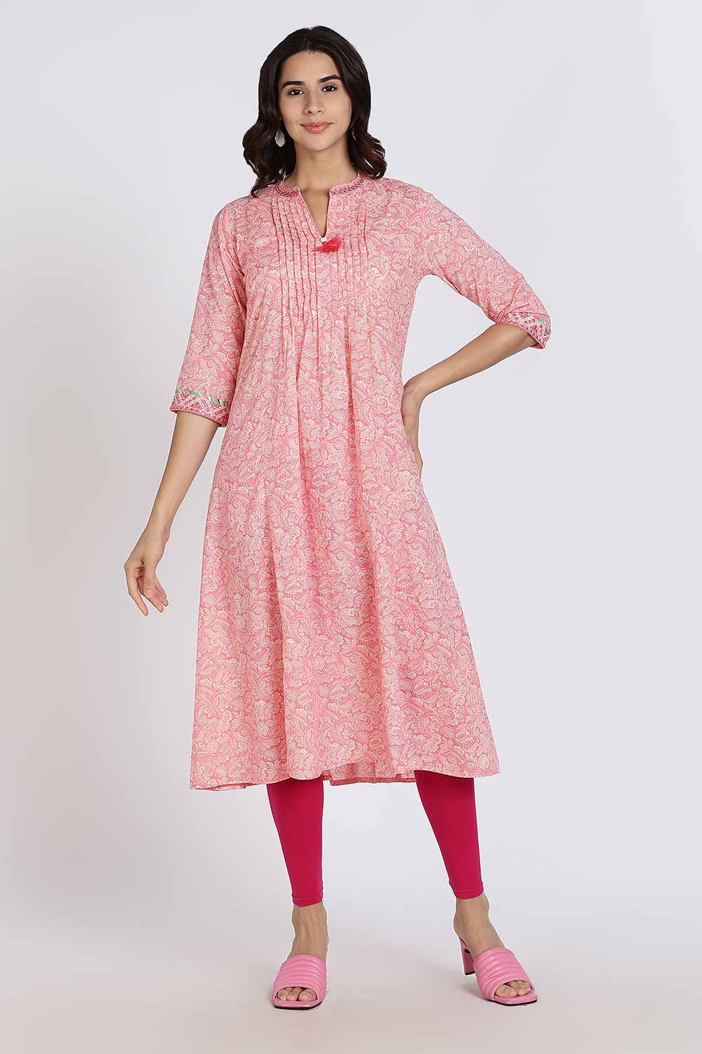 Mythri Women’s Cotton Cambric Kurthi | Flared Ethnic Wear with Pintucks, V-Slit Neck & Tassel Detail - Pink - K806