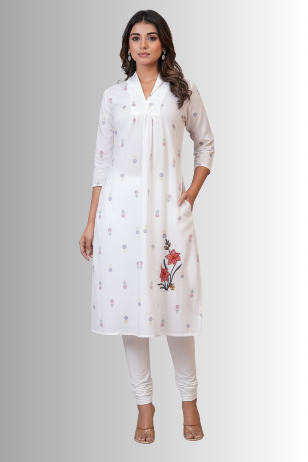 Mythri Kurtha for Women Cotton Blend Daily Wear Floral Straight Kurtha with V Slit Neck and Patchwork Detailing - White - KA20