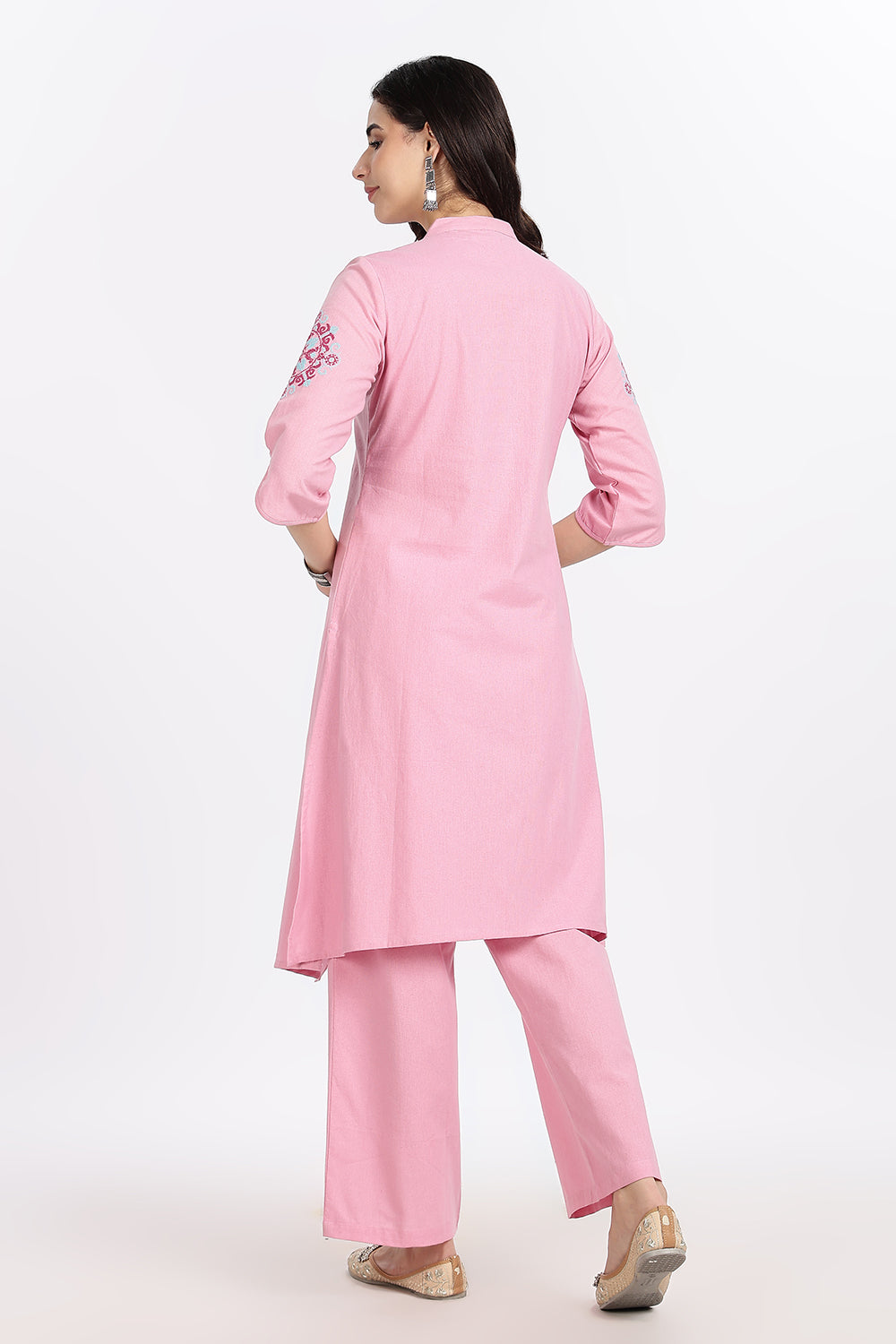 Mythri Women’s Cotton Embroidered Kurti with Asymmetric Hemline, Floral Thread Work & 3/4th Sleeves | Daily Wear Ethnic Kurta - KP25