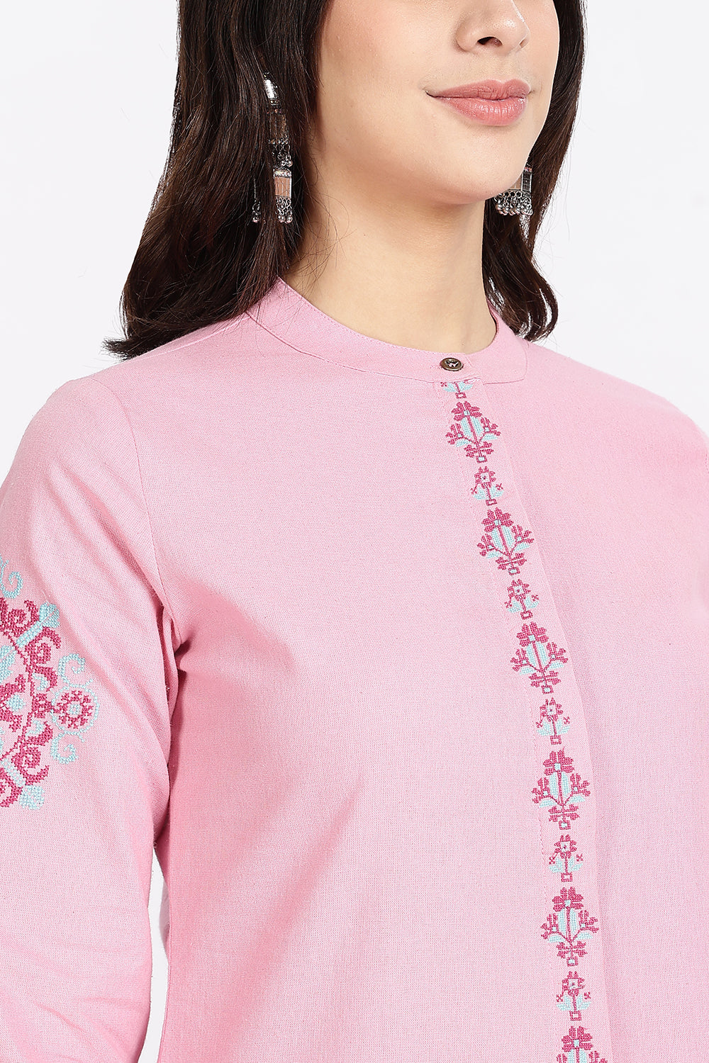 Mythri Women’s Cotton Embroidered Kurti with Asymmetric Hemline, Floral Thread Work & 3/4th Sleeves | Daily Wear Ethnic Kurta - KP25