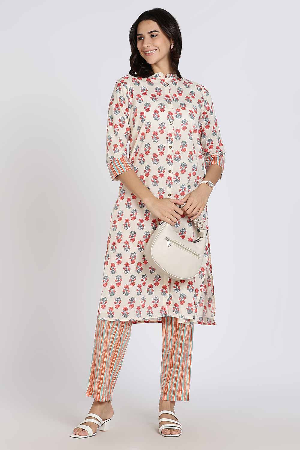 Mythri Women’s Cotton Kurti Set – Mandarin Collar Kurta with Front Slit & Straight Pants | Ethnic Wear Kurta Set for Women - Off White - K801