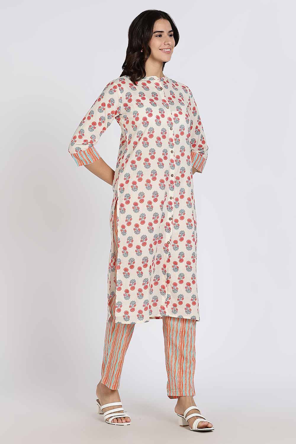 Mythri Women’s Cotton Kurti Set – Mandarin Collar Kurta with Front Slit & Straight Pants | Ethnic Wear Kurta Set for Women - Off White - K801