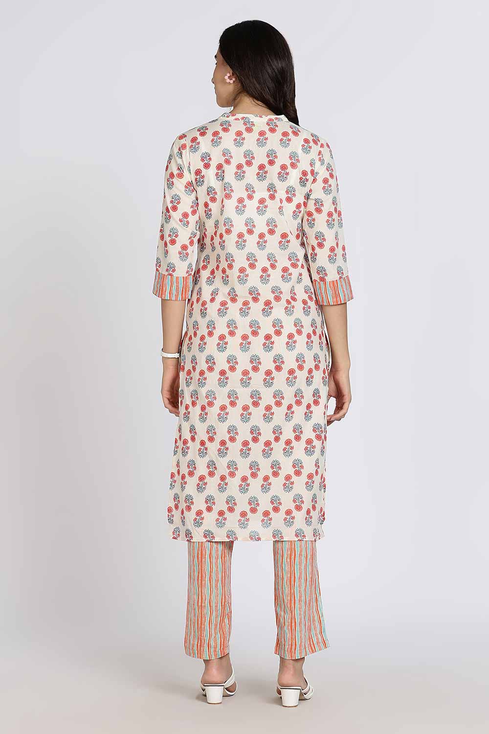 Mythri Women’s Cotton Kurti Set – Mandarin Collar Kurta with Front Slit & Straight Pants | Ethnic Wear Kurta Set for Women - Off White - K801