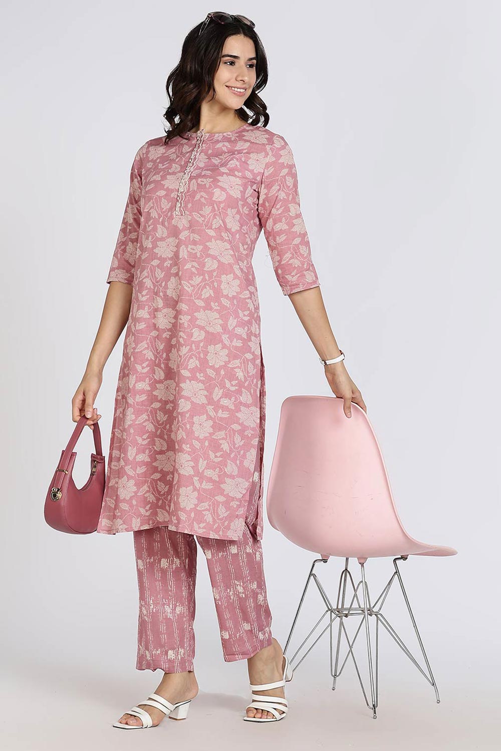 Mythri Elegant Cotton Kurthi Set for Women – Straight Cut Kurta with Embroidery & Pants | Daily Wear Ethnic Kurta Set - Purple - K803