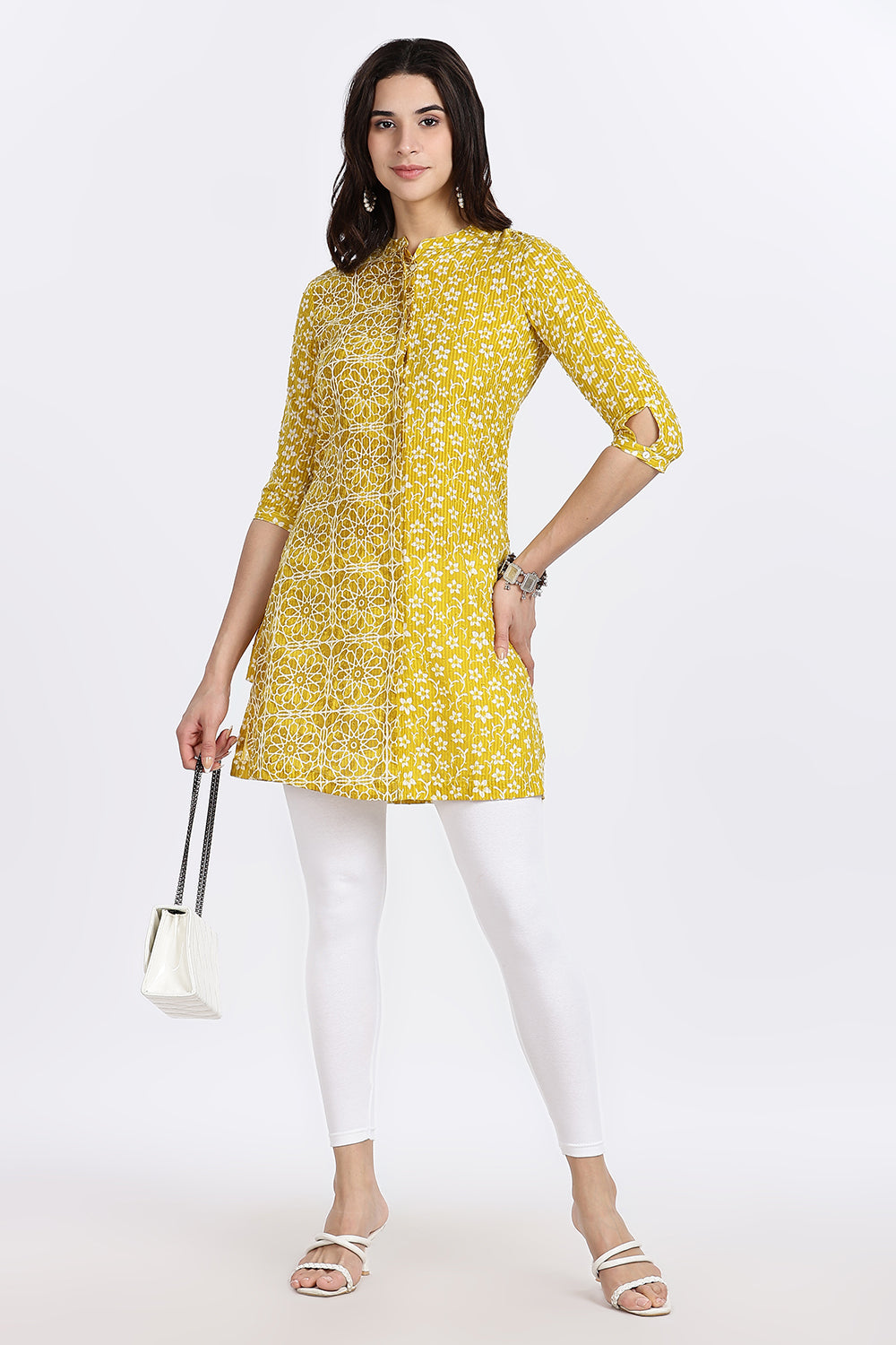 Mythri Women’s Printed Cotton Dobby Short Top – Geometric & Floral Block-Inspired Design with Mandarin Collar and 3/4th Sleeve - A201