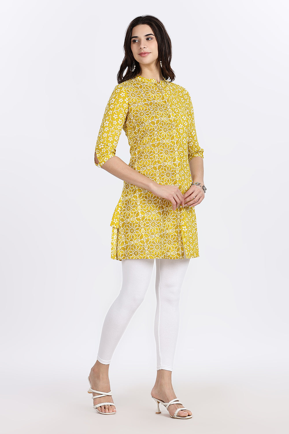 Mythri Women’s Printed Cotton Dobby Short Top – Geometric & Floral Block-Inspired Design with Mandarin Collar and 3/4th Sleeve - A201