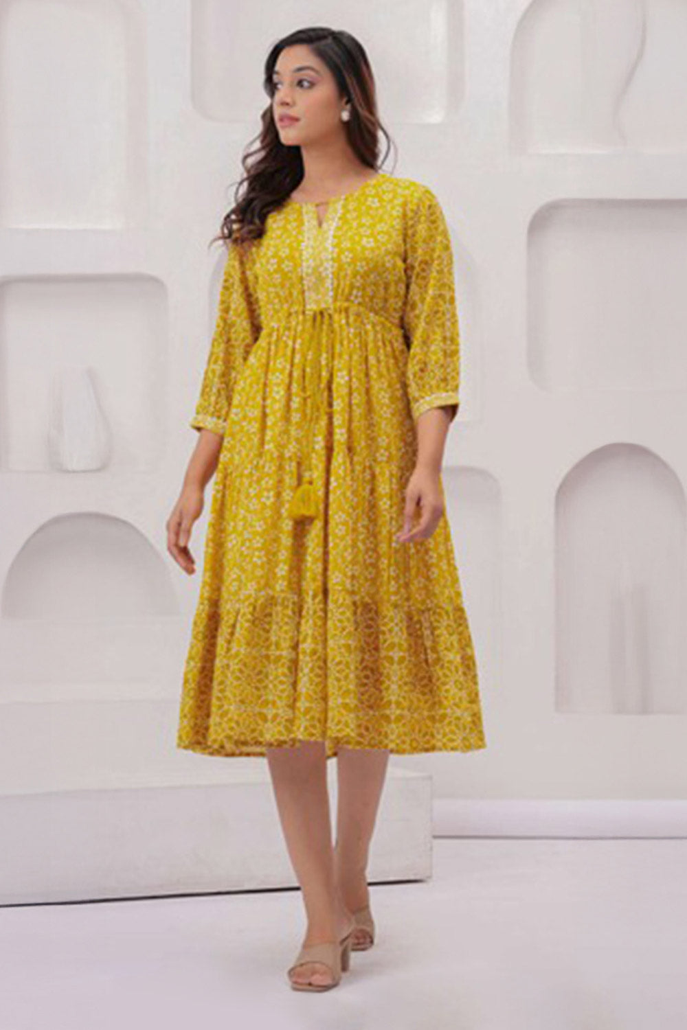 Mythri Women Cotton Cambric Tiered Dress with Tassel Tie-Up - Mustard - K202