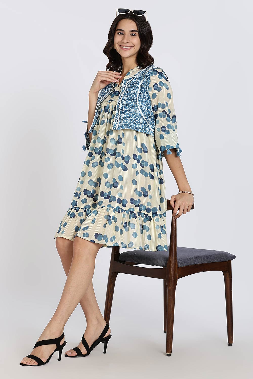 Mythri Women’s Cotton Cambric Dress | Flared Daily Wear with Embroidered Overcoat & Polka Print - Blue - K203
