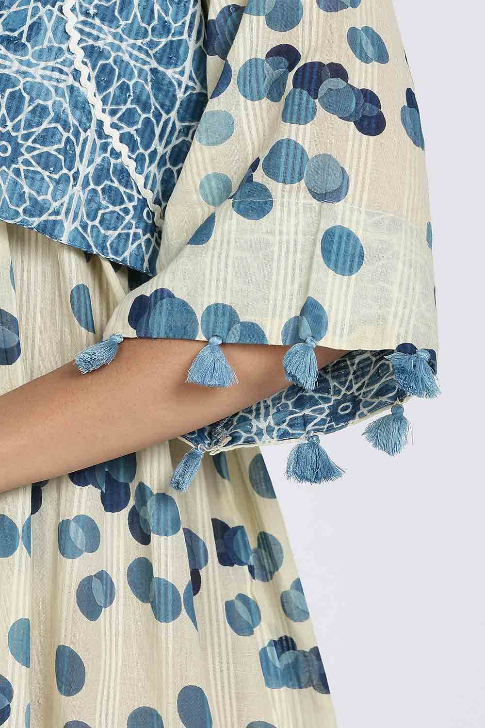 Mythri Women’s Cotton Cambric Dress | Flared Daily Wear with Embroidered Overcoat & Polka Print - Blue - K203