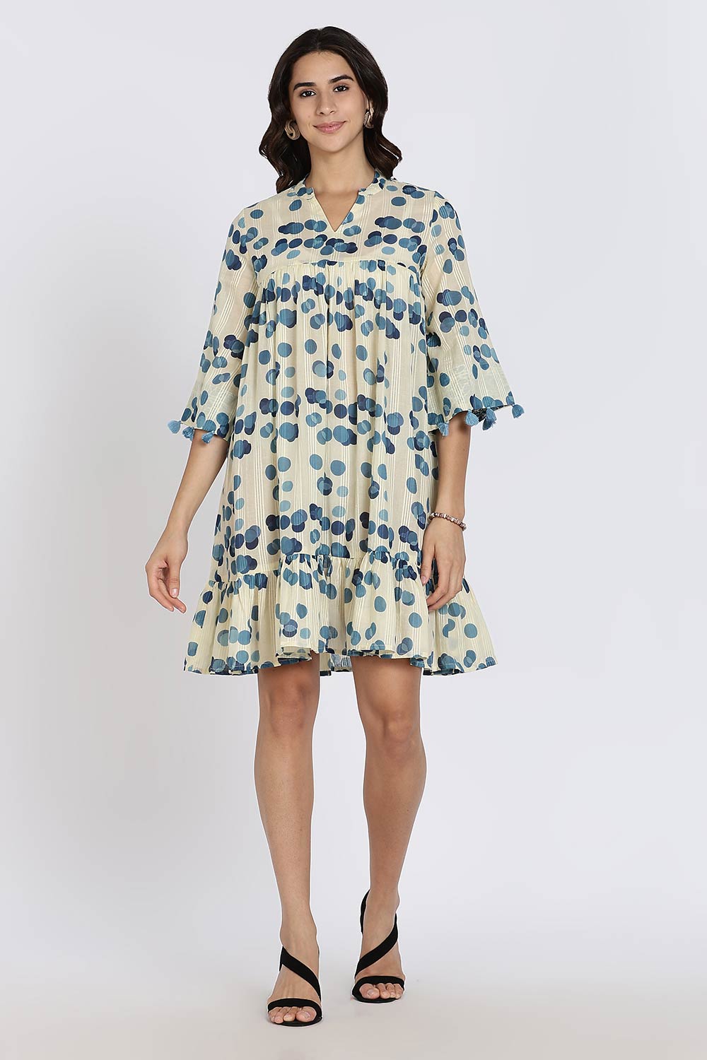 Mythri Women’s Cotton Cambric Dress | Flared Daily Wear with Embroidered Overcoat & Polka Print - Blue - K203