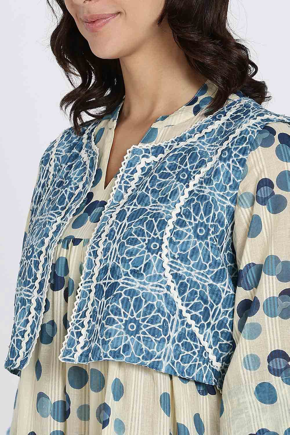 Mythri Women’s Cotton Cambric Dress | Flared Daily Wear with Embroidered Overcoat & Polka Print - Blue - K203