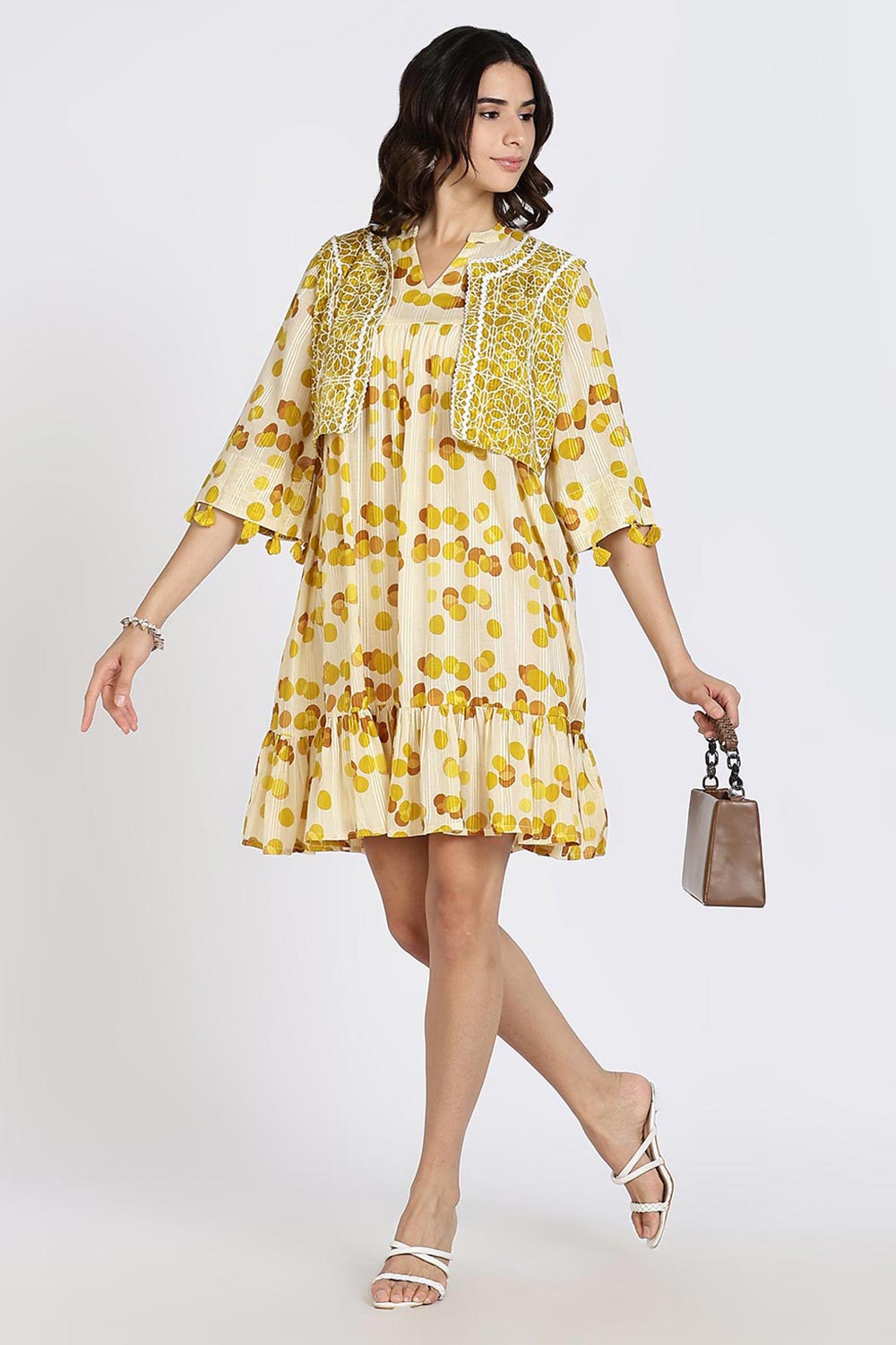 Mythri Women’s Cotton Cambric Dress | Flared Daily Wear with Embroidered Overcoat & Polka Print - Mustard - K203