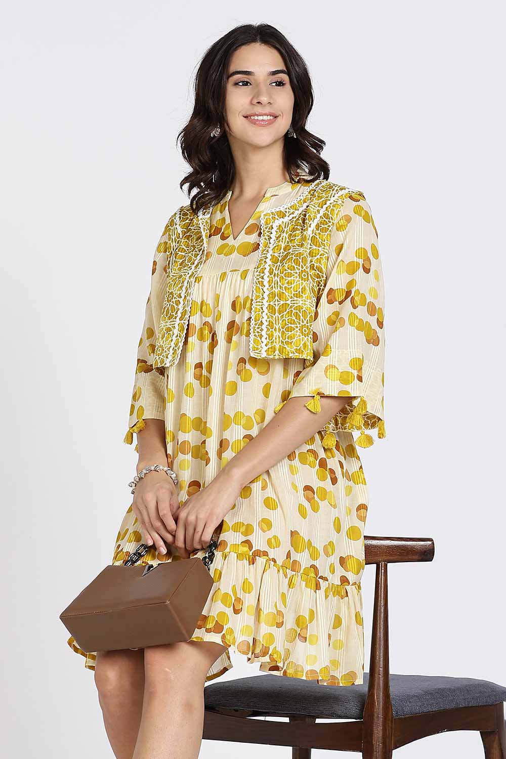 Mythri Women’s Cotton Cambric Dress | Flared Daily Wear with Embroidered Overcoat & Polka Print - Mustard - K203