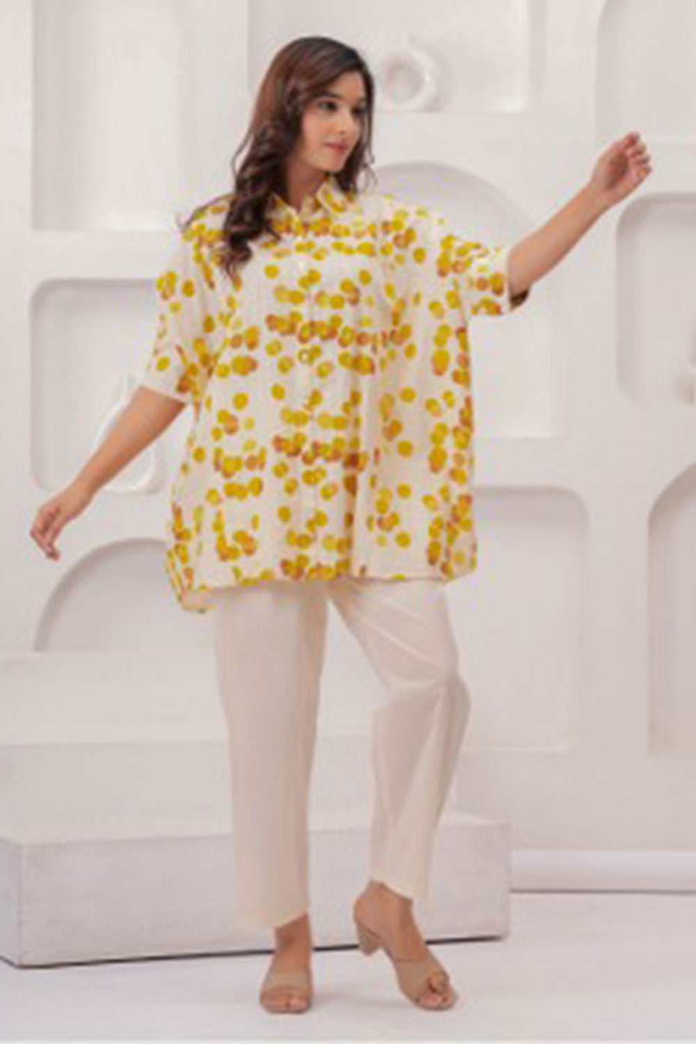 Mythri Women's Cotton Shirt Style Kurti Top – Oversized Tunic with Kimono Sleeves & Lace Cuff Detailing - Mustard - K204