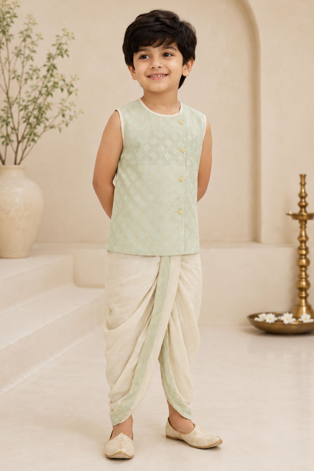 Navkrish Boys Kurta Set – Sleeveless Cotton Slub Kurta with Stitched Dhoti | Traditional Ethnic Wear for Boys - KS21