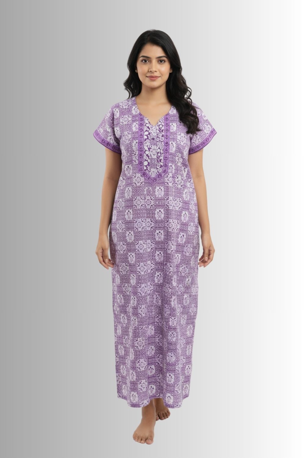 Women’s Nighty Cotton Blend Full Length Printed Night Dress Comfortable Sleepwear for Women - Lavender - 541A
