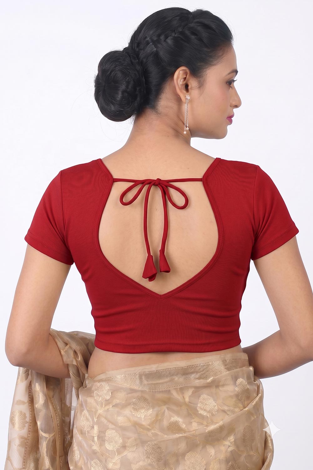 Women's Stretchable Readymade Saree Blouse – Round Neck Princess Cut Back Tie-Up Blouse for Sarees - MD27