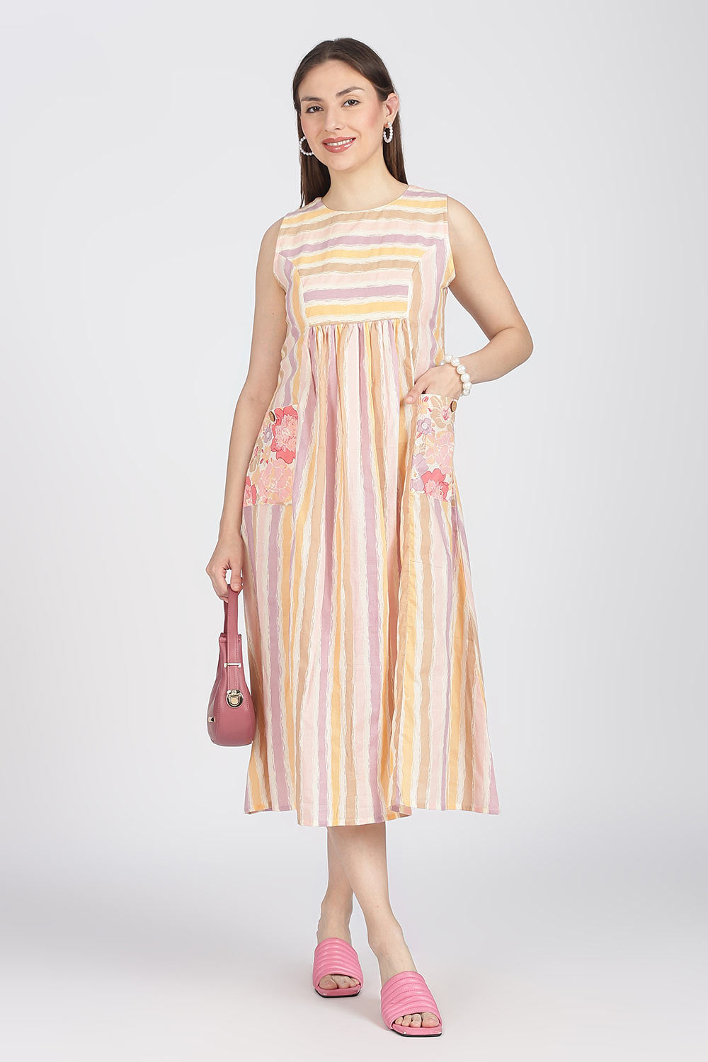 Mythri Women’s Cotton Sleeveless Casual Dress | Striped Panelled Cut & Sew A-Line Summer Dress for Daily Wear - DR12