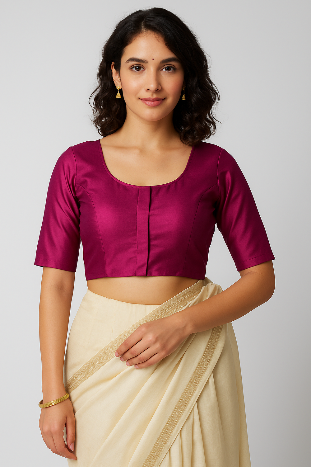 Women’s Blouse Silk Blend Padded Front Open Round Neck Princess Cut Elbow Sleeve Solid Saree Blouse with Round Back - Magenta - 4050
