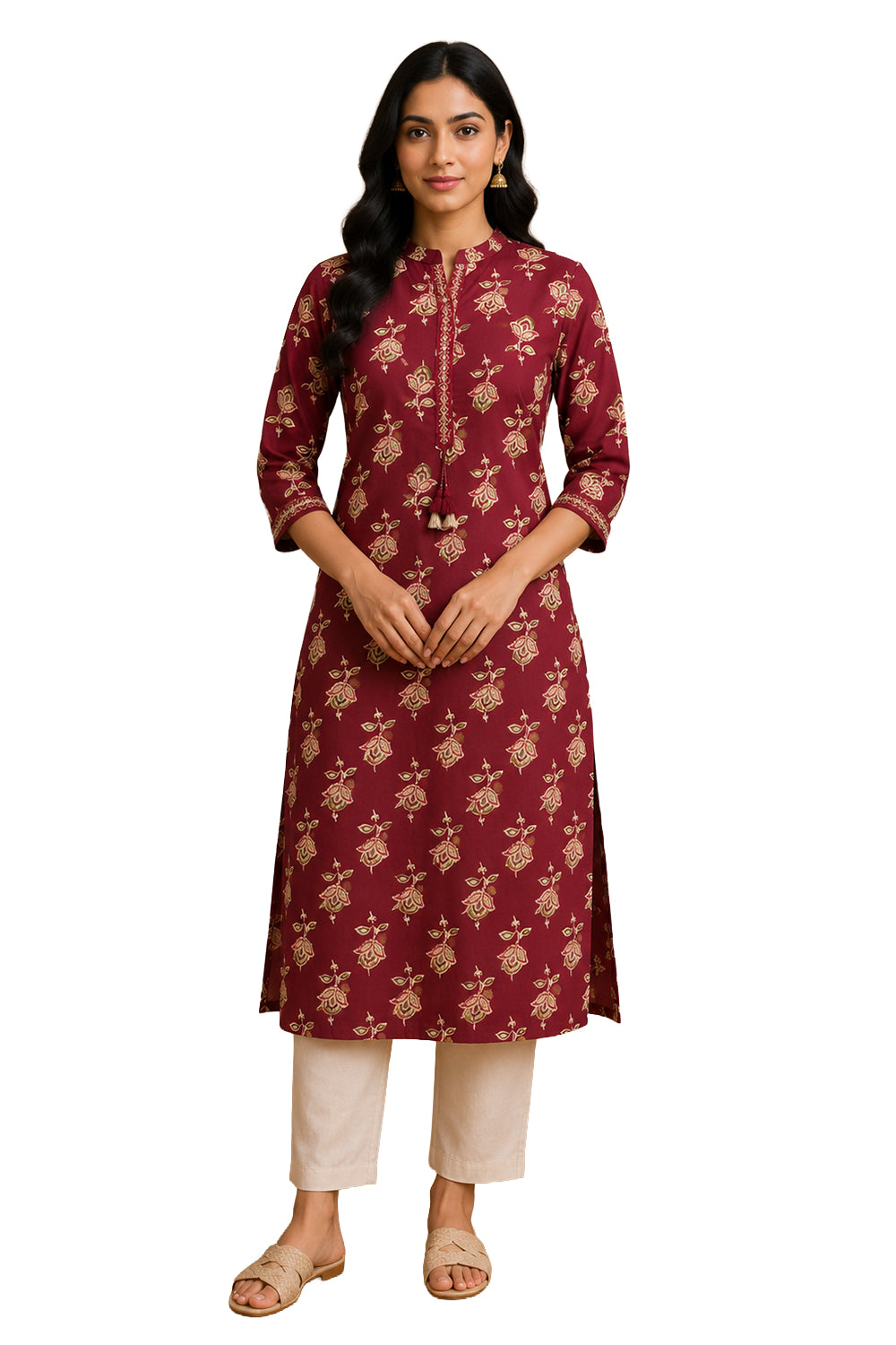 Women's Cotton Blend Printed Kurti | Mandarin Collar 3/4 Sleeve Below Knee Kurti for Women | Regular Fit Ethnic Daily Wear Kurta - JS52
