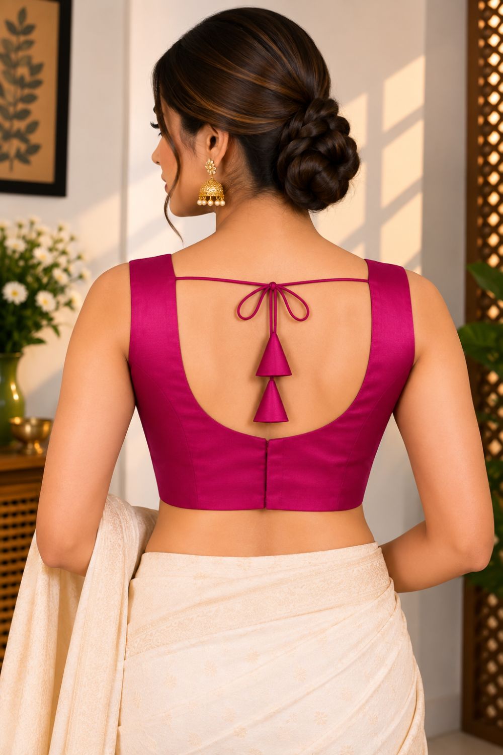 Women's Solid Silk Blend Saree Blouse with V Neck Neckline and attachable Elbow Sleeve - Regular | Ready-to-Wear Saree Blouse for Daily Wear, Festive Wear, Office Wear, Special Occasions - L640