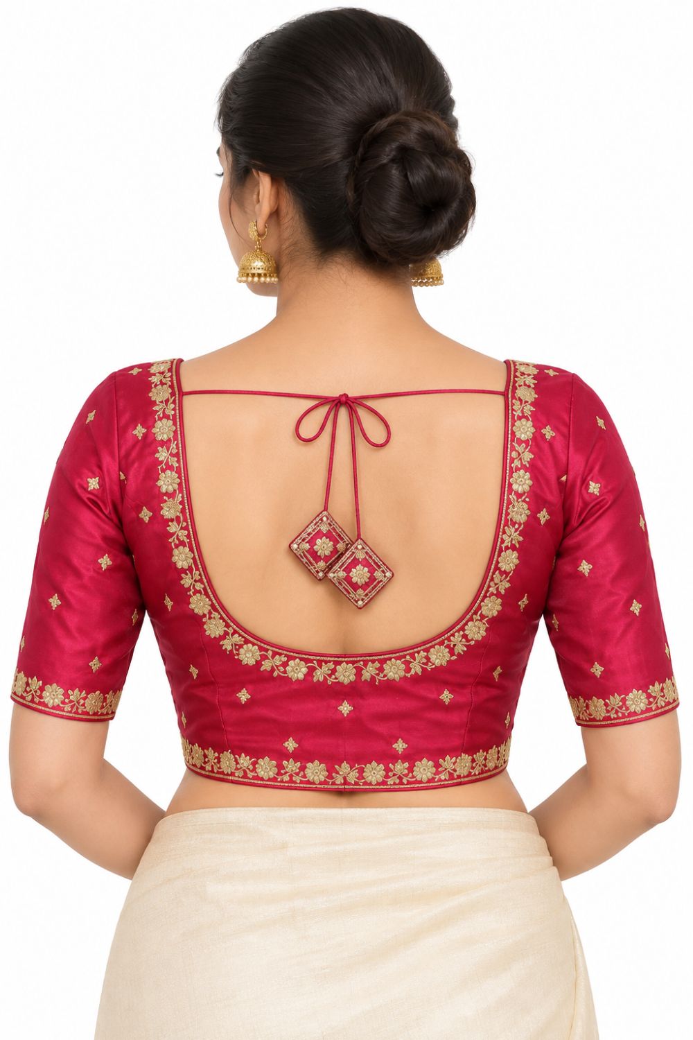 Women's Embroidery Silk Blend Saree Blouse with Round Neck Neckline and Elbow Sleeve - Regular | Ready-to-Wear Saree Blouse for Daily Wear, Festive Wear, Office Wear, Special Occasions - L566