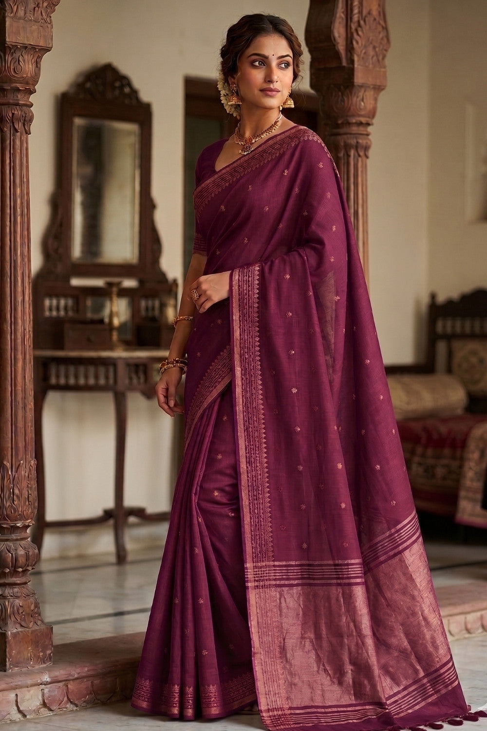 Naidu Hall Women's Magenta Khadi Cotton Blend Jacquard Saree with Blouse | Lightweight Ethnic Wear Saree - G501