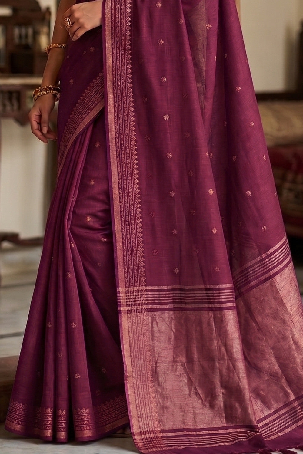 Naidu Hall Women's Magenta Khadi Cotton Blend Jacquard Saree with Blouse | Lightweight Ethnic Wear Saree - G501