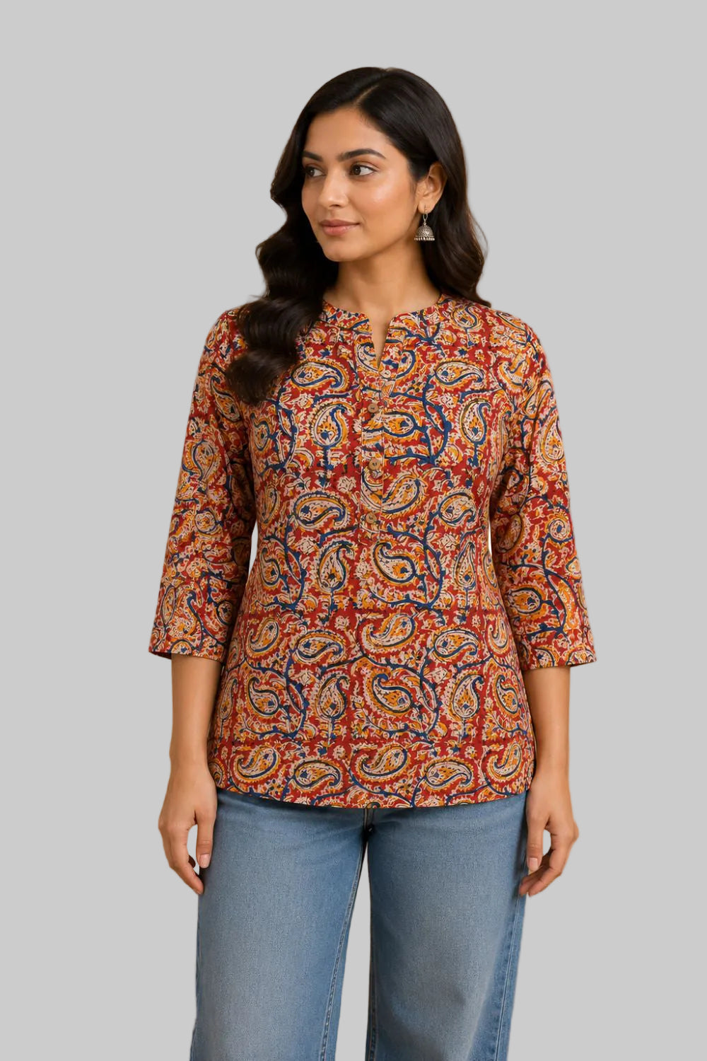 Women's Cotton Blend Printed Mandarin Collar Top | 3/4 Sleeve Casual Top for Women | Regular Fit Everyday Office & Casual Wear - JS25