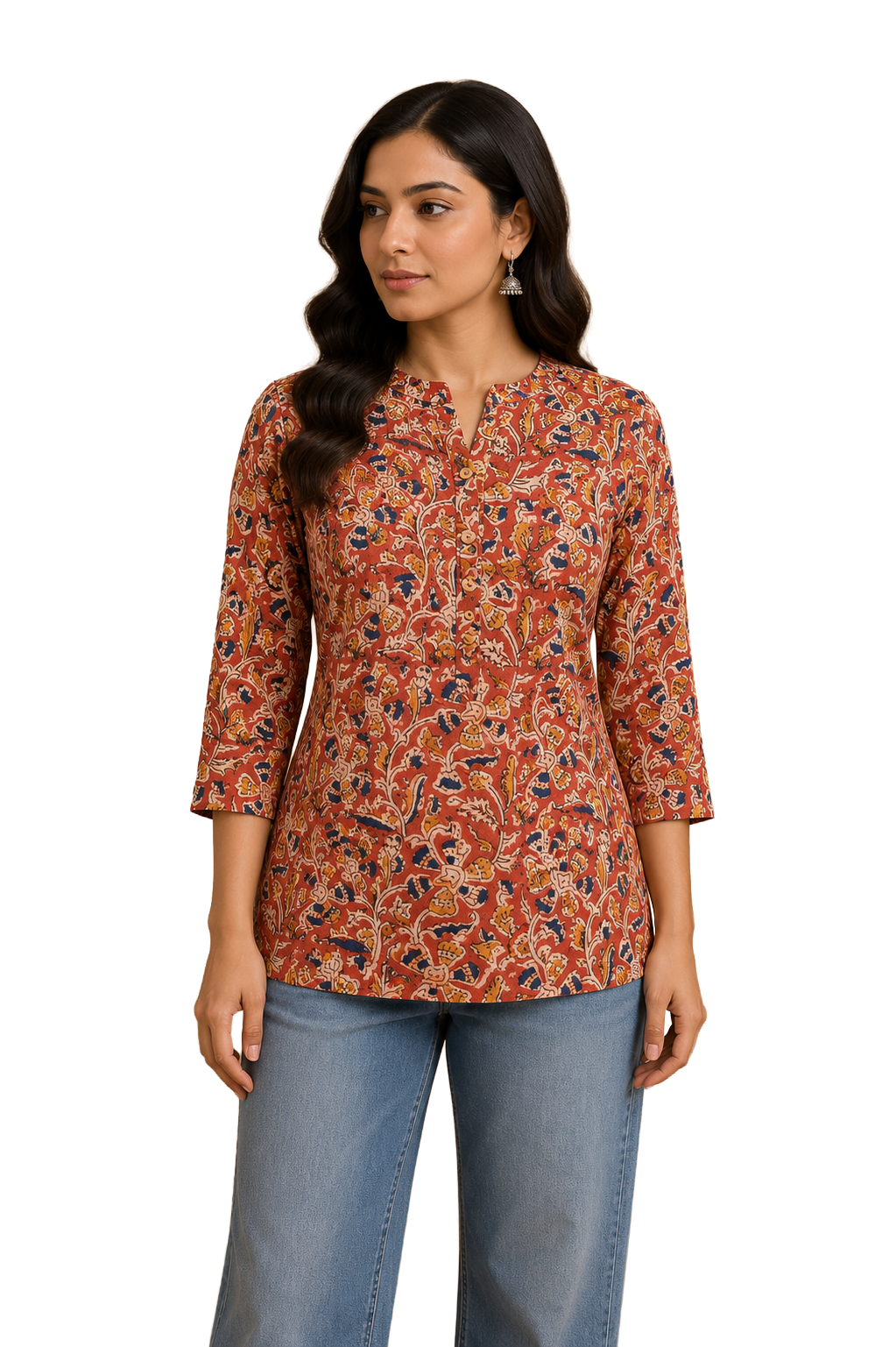 Women's Cotton Blend Printed Mandarin Collar Top | 3/4 Sleeve Casual Top for Women | Regular Fit Everyday Office & Casual Wear - JS25