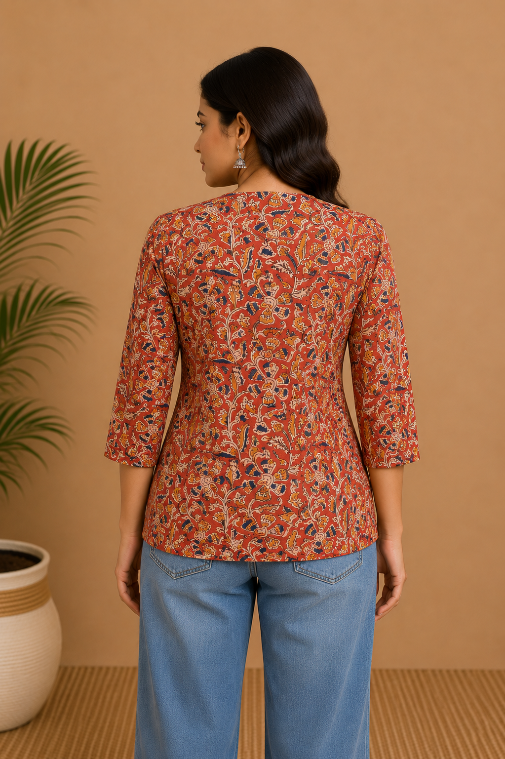 Women's Cotton Blend Printed Mandarin Collar Top | 3/4 Sleeve Casual Top for Women | Regular Fit Everyday Office & Casual Wear - JS25
