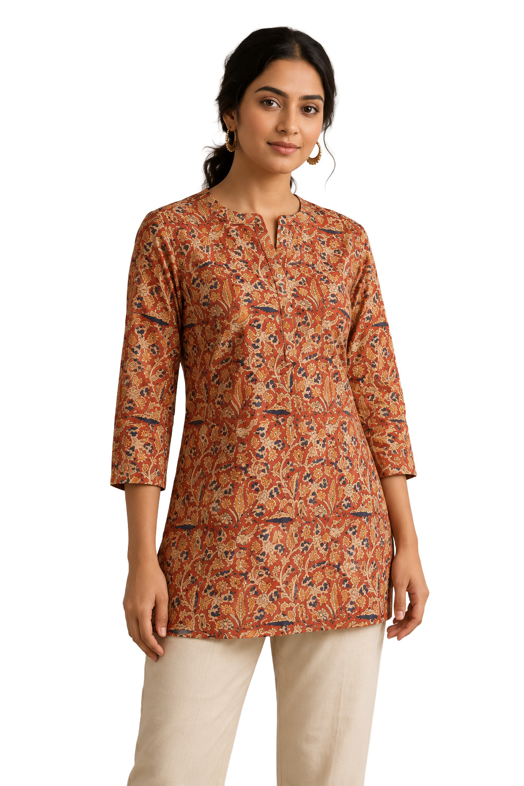 Women's Cotton Blend Printed Mandarin Collar Top | 3/4 Sleeve Casual Top for Women | Regular Fit Everyday Office & Casual Wear - JS25