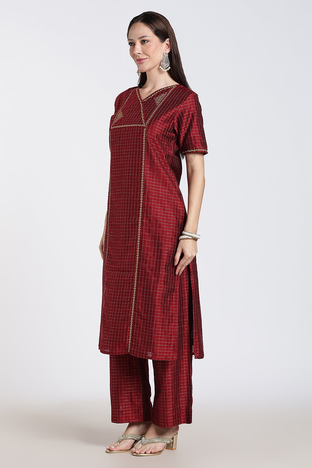 Mythri Women's Cotton Blend Embroidered Kurta Set with Wide Leg Pants | Crossover V-Neck Ethnic Kurta Set for Women | Festive & Traditional Wear - KS04