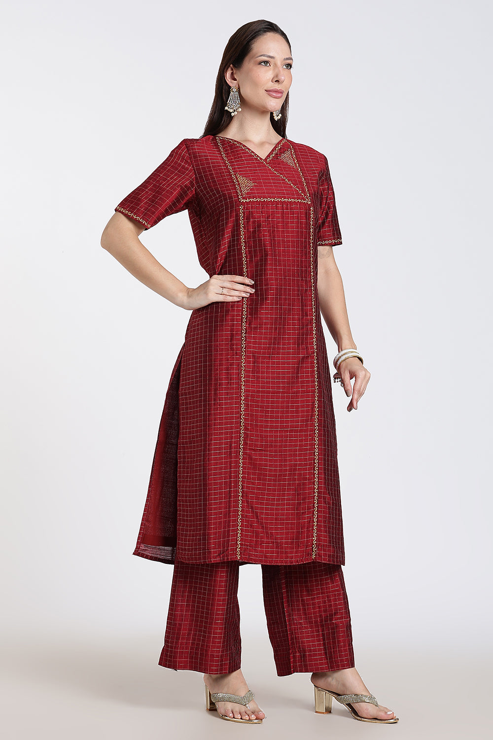 Mythri Women's Cotton Blend Embroidered Kurta Set with Wide Leg Pants | Crossover V-Neck Ethnic Kurta Set for Women | Festive & Traditional Wear - KS04