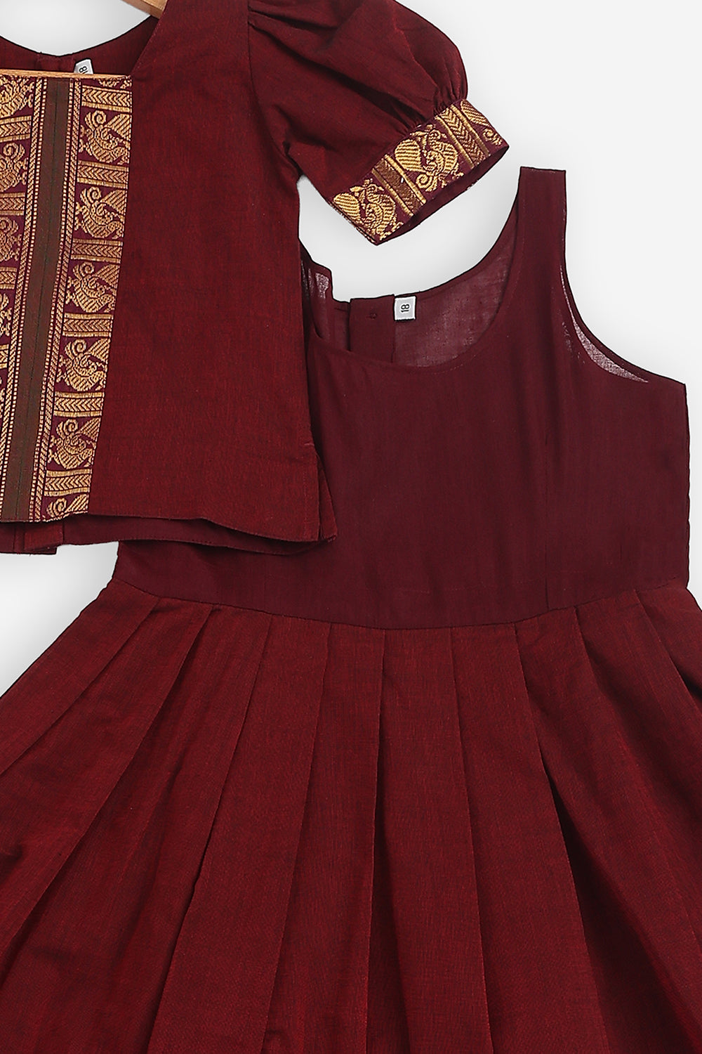 Chittythalli Girls Handloom Kanchi Cotton Pavadai Set | Traditional Cotton Ethnic Wear for Girls | Puff Sleeve Pavadai Dress with Border Patch Work - PS19