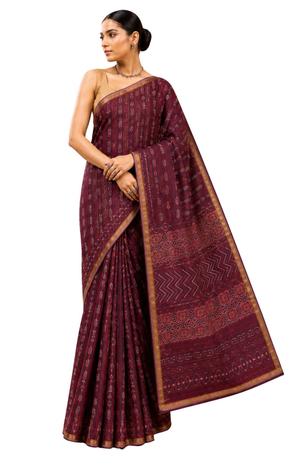 Naidu Hall Women's Maroon Chanderi Print Cotton Blend Saree with Blouse | Lightweight Ethnic Wear Saree - WS09