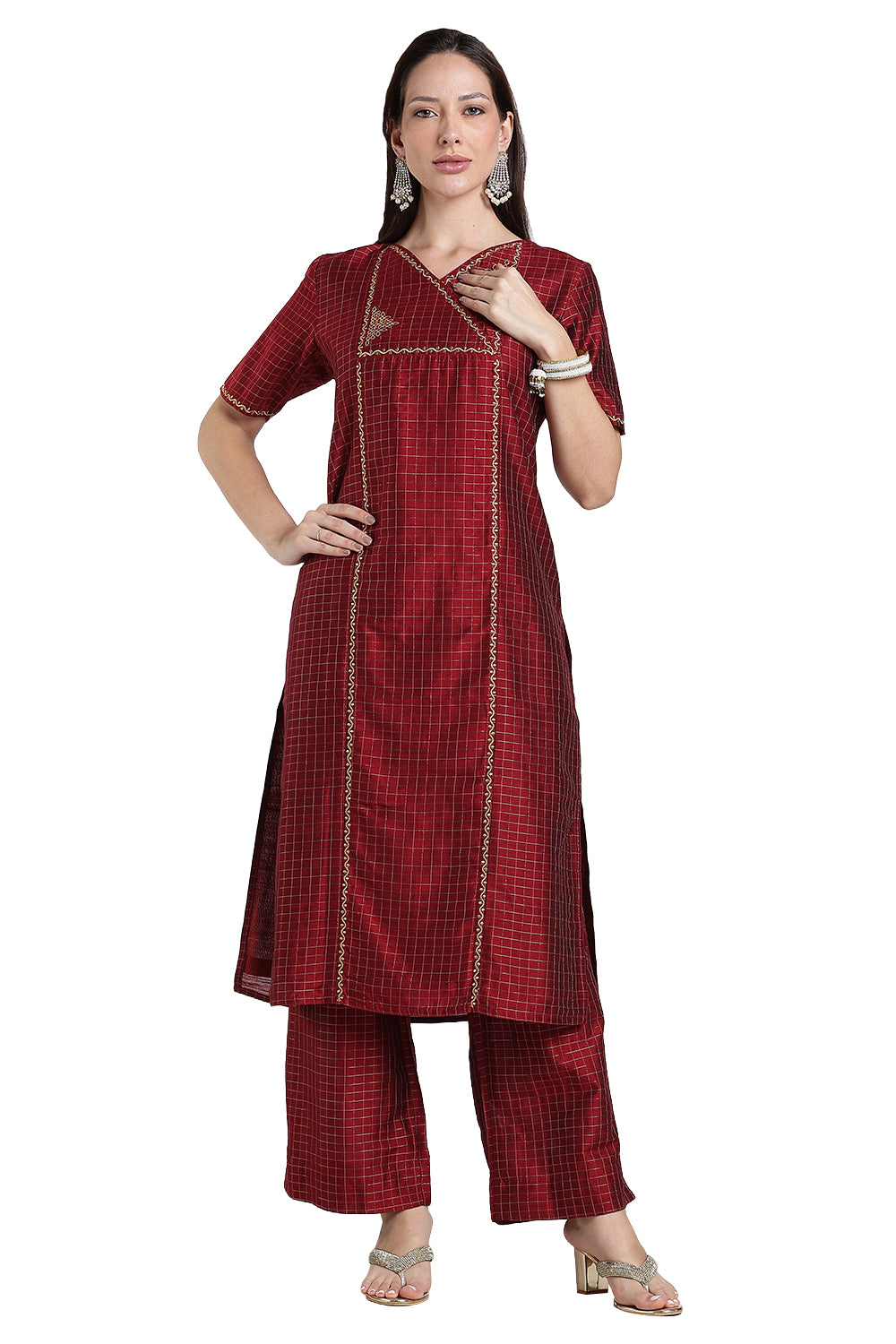 Mythri Women's Cotton Blend Embroidered Kurta Set with Wide Leg Pants | Crossover V-Neck Ethnic Kurta Set for Women | Festive & Traditional Wear - KS04
