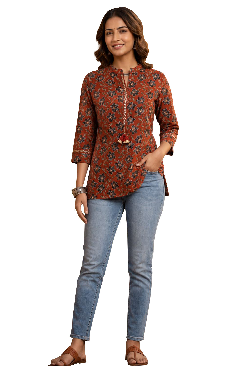 Women's Cotton Blend Printed Mandarin Collar Top | 3/4 Sleeve Casual Top for Women | Regular Fit Everyday Fashion Top - JS22