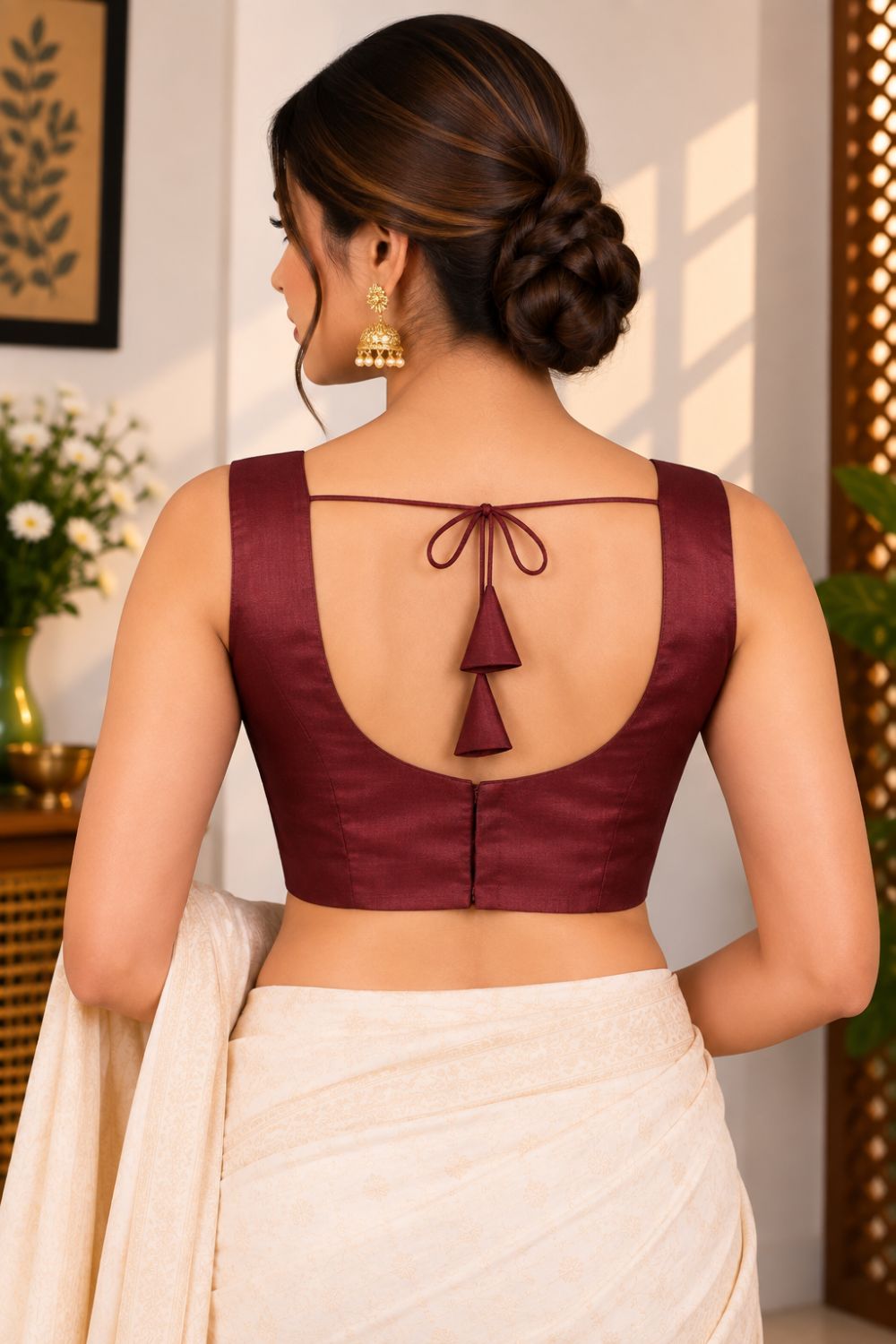 Women's Solid Silk Blend Saree Blouse with V Neck Neckline and attachable Elbow Sleeve - Regular | Ready-to-Wear Saree Blouse for Daily Wear, Festive Wear, Office Wear, Special Occasions - L640